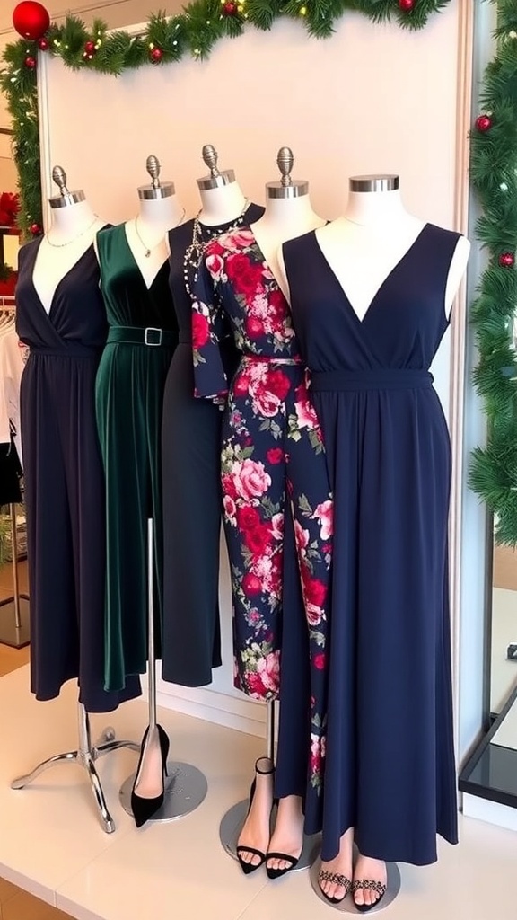 A collection of stylish Christmas party jumpsuits in various colors and styles, accessorized for the holidays.